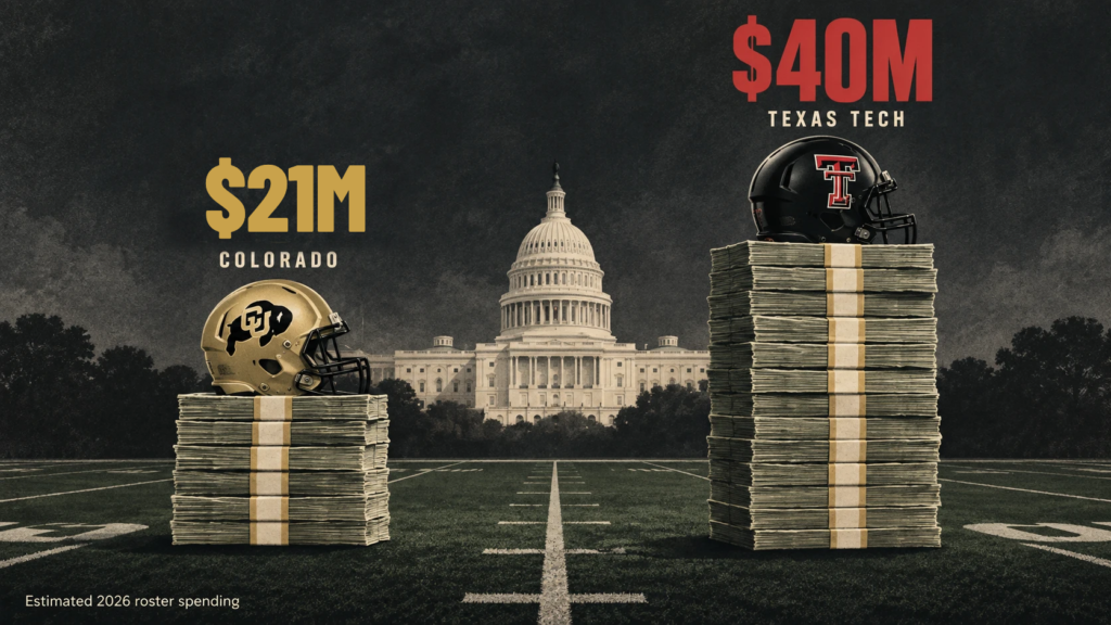 Colorado and Texas Tech football helmets on stacks of cash in front of the U.S. Capitol, labeled $21 million for Colorado and $40 million for Texas Tech, estimated 2026 roster spending.