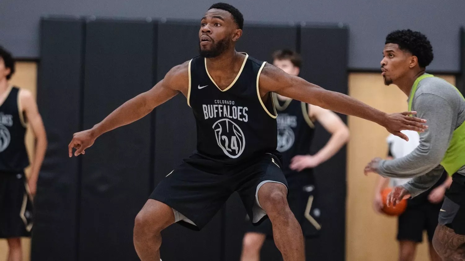 Colorado guard Barrington Hargress defends during a Buffaloes practice in Boulder.