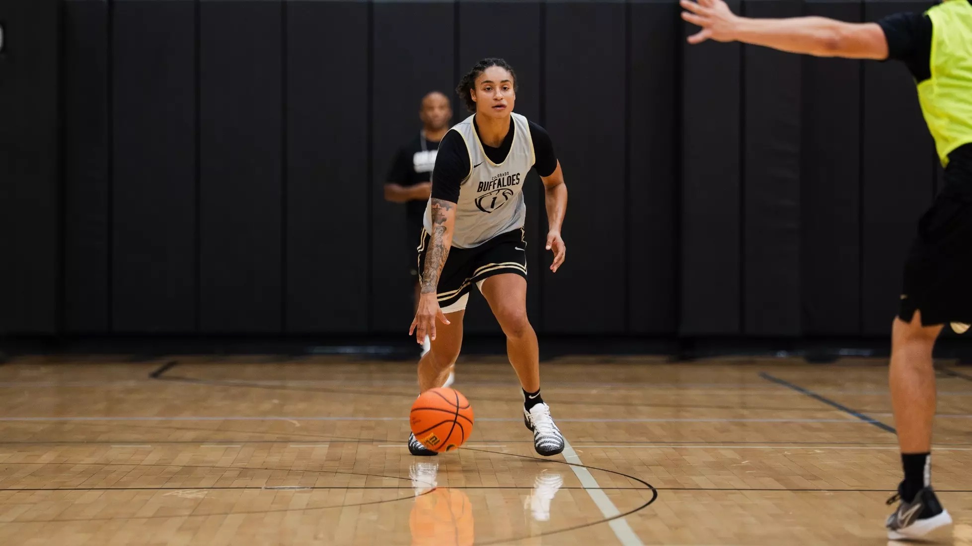 Colorado guard Zyanna Walker runs the offense during a Buffaloes practice in Boulder.